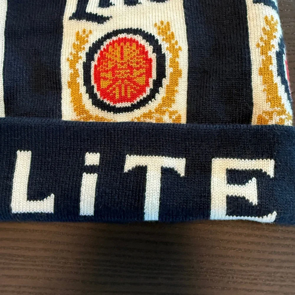 Miller Lite Beer Knit Beanie Hat Pom Pom Navy Blue Acrylic Winter Cap Mens OSFM